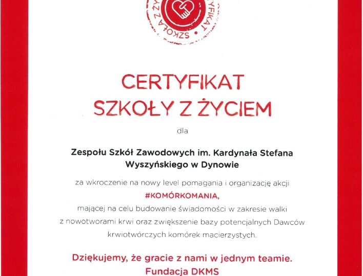 Certyfikat Szkoły z  Życiem