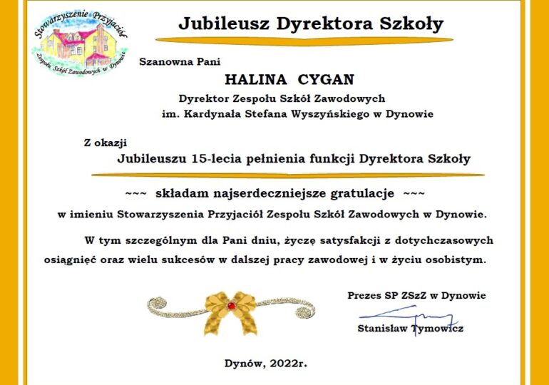 Jubileusz 15-lecia Pełnienia Funkcji Dyrektora Zespołu Szkół Zawodowych im. Kard. Stefana Wyszyńskiego w Dynowie
