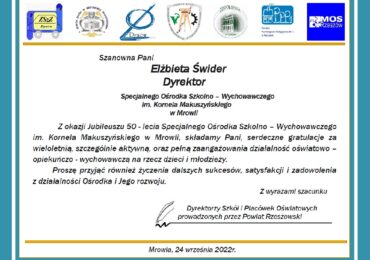 Jubileusz 50-lecia powstania i działalności  Specjalnego Ośrodka Szkolno-Wychowawczego w Mrowli.