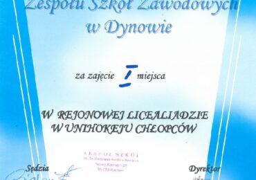 Sukcesy uczniów Zespołu  Szkół Zawodowych im. Kard. Stefana Wyszyńskiego w Dynowie  w Rejonowej Licealiadzie w unihokeju dziewcząt i chłopców w Kamieniu.