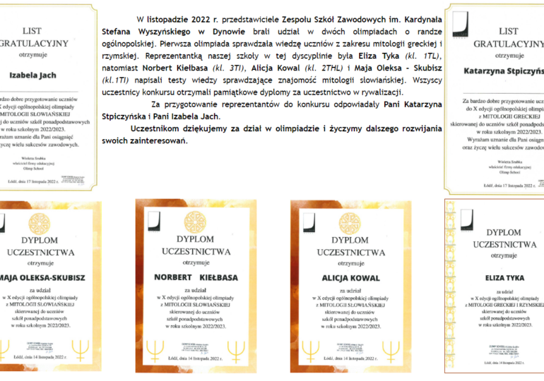 WYNIKI X EDYCJI OGÓLNOPOLSKIEJ OLIMPIADY Z MITOLOGII SŁOWIAŃSKIEJ ORAZ Z MITOLOGII GRECKIEJ I RZYMSKIEJ