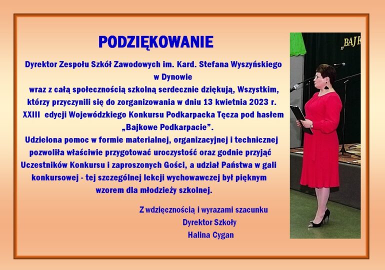 PODZIĘKOWANIE Dyrektora Zespołu Szkół Zawodowych im. Kard. Stefana Wyszyńskiego w Dynowie