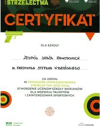 CERTYFIKAT  dla Zespołu Szkół Zawodowych w Dynowie za upowszechnianie strzelectwa