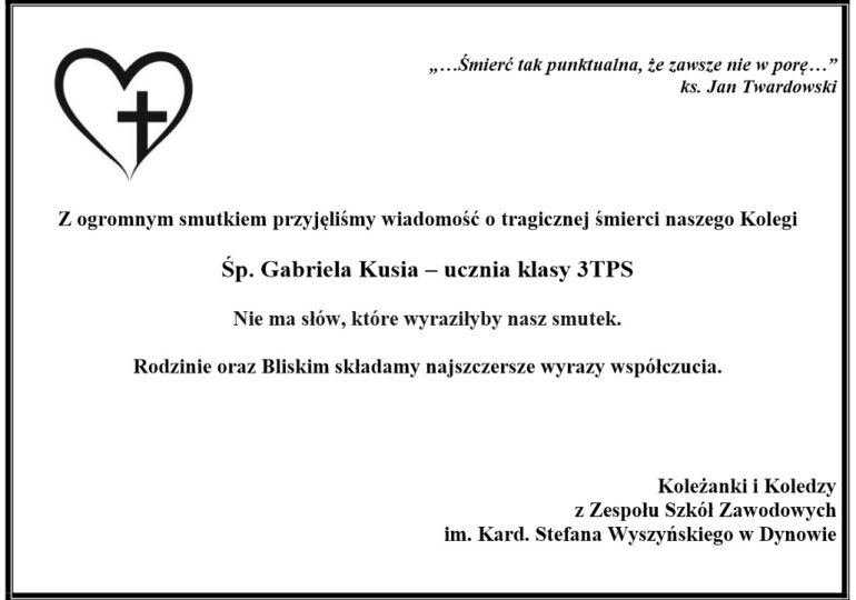 Tragiczna śmierć Gabrysia, ucznia klasy 3 technikum ZSzZ w Dynowie..