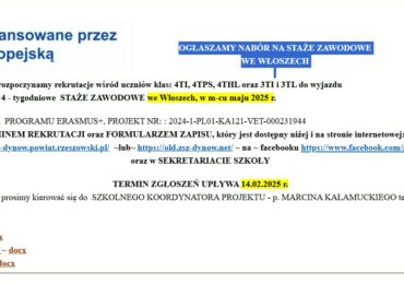 OGŁASZAMY NABÓR NA STAŻE ZAWODOWE  WE WŁOSZECH