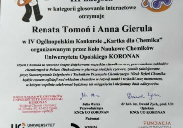 Sukces uczennic Zespołu Szkół Zawodowych im. Kardynała Stefana Wyszyńskiego w Dynowie w Ogólnopolskim Konkursie „Kartka dla Chemika”.