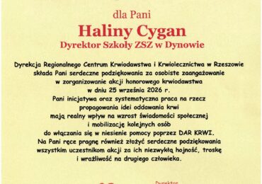 Podzielili się najcenniejszym darem! Kolejna udana akcja krwiodawstwa w Zespole Szkół Zawodowych im. Kardynała Stefana Wyszyńskiego w Dynowie.
