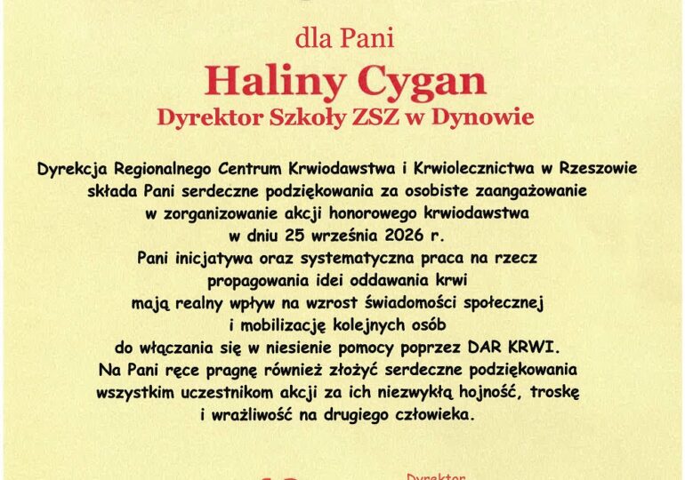 Podzielili się najcenniejszym darem!  Kolejna udana akcja krwiodawstwa w Zespole Szkół Zawodowych im.  Kardynała Stefana Wyszyńskiego w Dynowie.