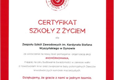Certyfikat Szkoły z  Życiem