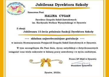 Jubileusz 15-lecia Pełnienia Funkcji Dyrektora Zespołu Szkół Zawodowych im. Kard. Stefana Wyszyńskiego w Dynowie