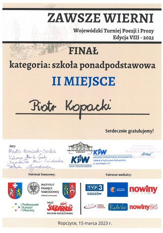 Drugie miejsce Piotra Kopackiego, ucznia Zespołu Szkół Zawodowych im. Kardynała Stefana Wyszyńskiego w Dynowie w Wojewódzkim Turnieju Poezji i Prozy „ZAWSZE WIERNI”