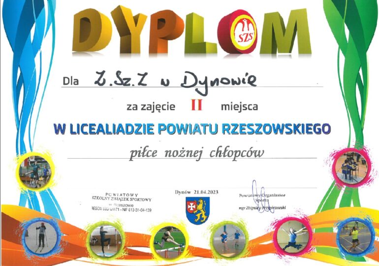 II miejsce drużyny chłopców  Zespołu Szkół Zawodowych im. Kard. Stefana Wyszyńskiego w Dynowie w Powiatowej Licealiadzie w piłce nożnej chłopców.