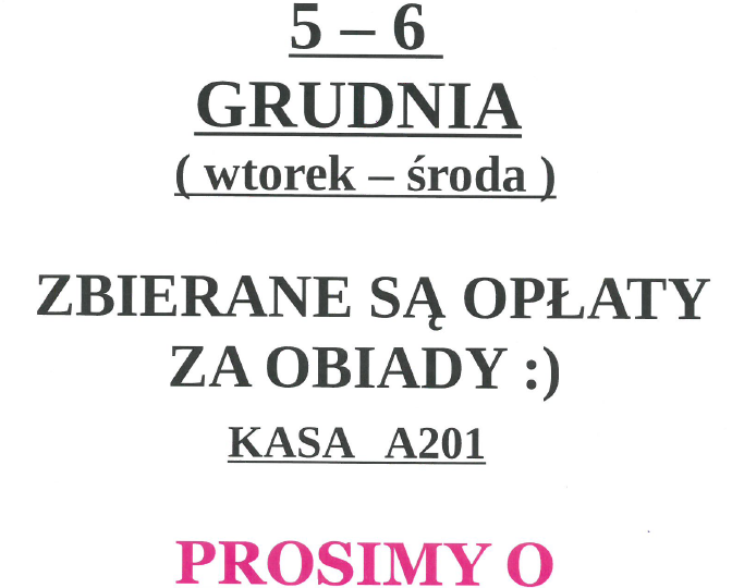 Wpłaty za obiady w grudniu