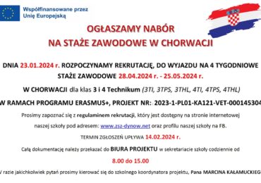 OGŁASZAMY NABÓR NA STAŻE ZAWODOWE W CHORWACJI