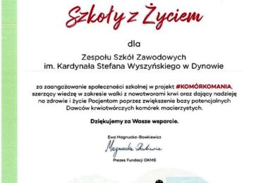 Certfikat  Szkoły z Życiem i Dyplom dla Pedagoga z Życiem